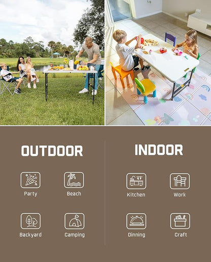 FanttikOutdoor 4ft Portable Folding Table, One-Handed Height Adjustment, 4 Heights, Gravity Lock, Carry Handle, Indoor Outdoor Heavy Duty Fold-in-Half Utility Table, Party, 1 Pack, White Zeta X4 Pro
