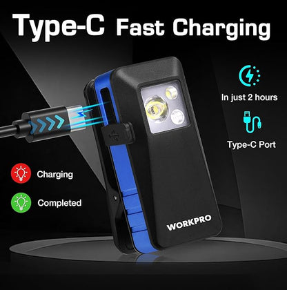 WORKPRO EDC Flashlight Clip-on Light, 500 Lumens Rechargeable Flashlight with Type-C, Magnetic Pocket Light for Working, Cycling, Signaling, Running, Camping, Blue