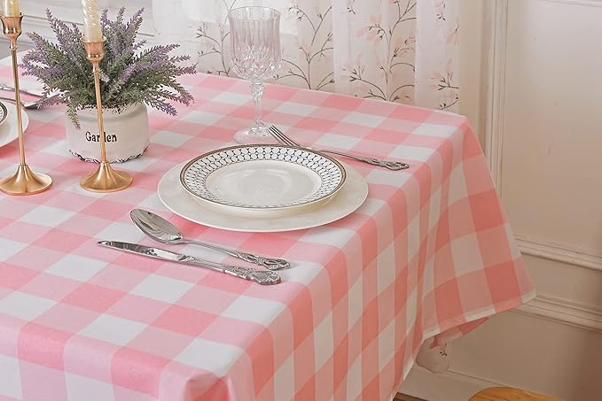 Cupuamon 2 Pack Waterproof Polyester Fabic Rectangle Checkered Tablecloth，60x120 Outdoor Table Cloth，Oil Stain Prevention Table Cloth for Pinics and Parties（Pink and White）