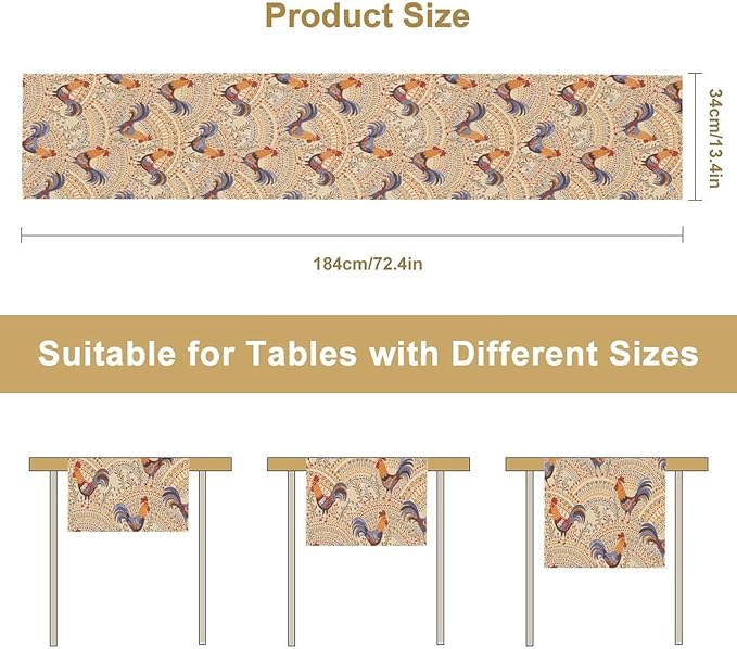 Cute Roosters Table Runner, Boho Rustic Cock Chicken Vintage Arch Floral Plants Print Table Cover for Holiday Kitchen Dining Table Indoor Outdoor Home Party Decor, 13x60inch
