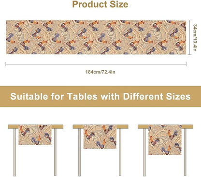 Cute Roosters Table Runner, Boho Rustic Cock Chicken Vintage Arch Floral Plants Print Table Cover for Holiday Kitchen Dining Table Indoor Outdoor Home Party Decor, 13x120inch