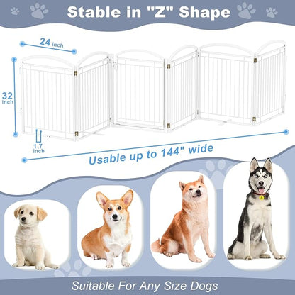 Full Metal Free Standing Dog Gate with Door for Indoor Outdoor, 144'' Extra Wide 36'' Tall Dog Gate for Doorways,Large Openings,Decks,Freestanding Portable Pet Fence(6 Panels,White)