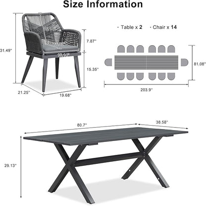 PURPLE LEAF 16 Pieces Outdoor Patio Dining Set All-Weather PE Rattan Furniture Set with All Aluminum Frame Outdoor Table and Chairs Set for 14 People Lawn Garden Backyard Deck, Grey