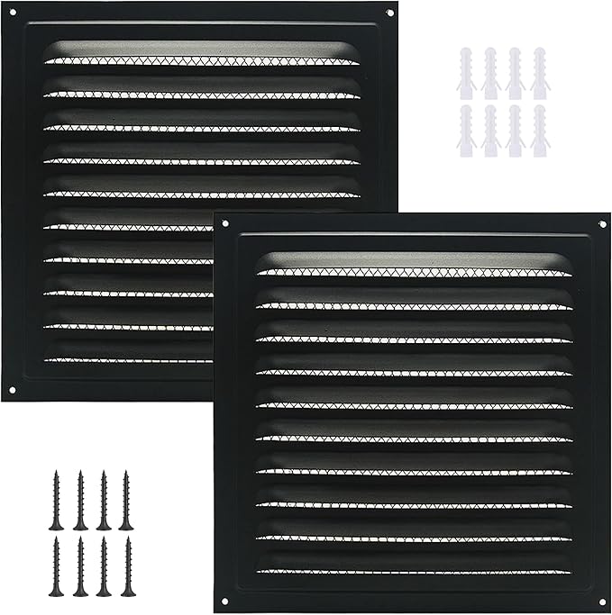 2pcs Attic Vent Soffit Vent Aluminum Wall Vent Metal Shed Vent Square Vent Louver Vent Grille with Built-in Insect Screen for Exterior Door House Attic Garage Ceiling (Black 8" x 8"-2 Pack)