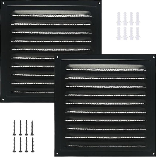 2pcs Attic Vent Soffit Vent Aluminum Wall Vent Metal Shed Vent Square Vent Louver Vent Grille with Built-in Insect Screen for Exterior Door House Attic Garage Ceiling (Black 8" x 8"-2 Pack)