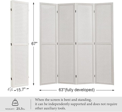 Room Divider Freestanding Folding Pegboard Privacy Screen 4-Panel Display Stand for Jewelry Craft Shows Retail Natural Wood Portable Space-Saving