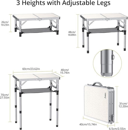 Anbte Folding Camping Table, Aluminum 24" x 16" Adjustable Height Small Folding Table with Carrying Handle, Lightweight, Portable Camping Table Waterproof for Outdoor Indoor Picnic Beach BBQ, Silver