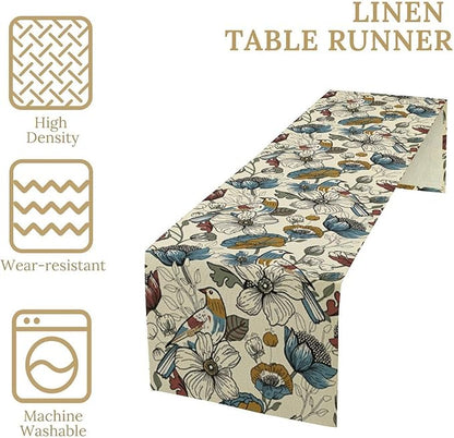 Boho Flower Birds Table Runner,Vintage Floral Aesthetic Art Table Decoration for Kitchen Dining Table Holiday Indoor Outdoor Home Party Decor 13x108in