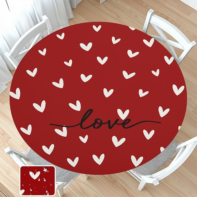 Valentines Day Round Fitted Tablecloth with Elastic Red White Love Heart Circle Table Cloth for 44-48" Round Tables Stretch Waterproof Washable Valentine Table Cover for Picnic Dining Party Decor