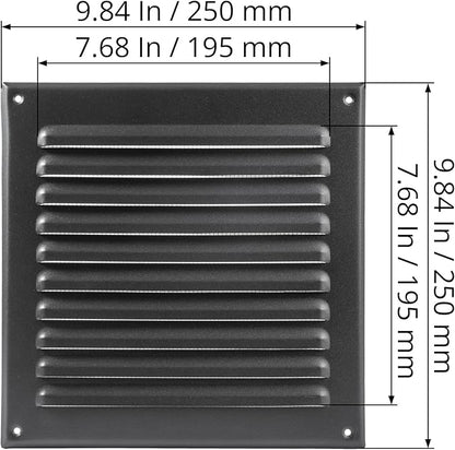 Square Ventilation Grille / 8" x 8" Inch Inside Measurement/Black Metal Air Vent Louver - Inside/Outside use - / 10" x 10" Inch Outer Measurement