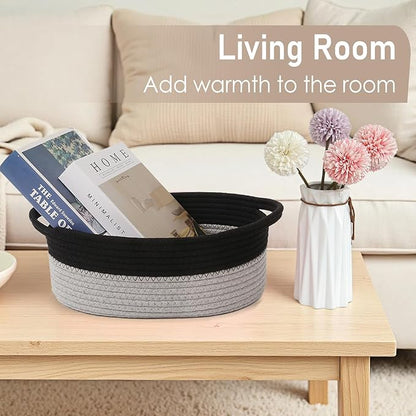 Woven Basket,Small Rope Storage Bin with Handles & Ribbon Bag, Organizer for Shelves Closets,Gift Basket Empty for Birthday,Books,Dog Toys, Black&Grey/3 Pack