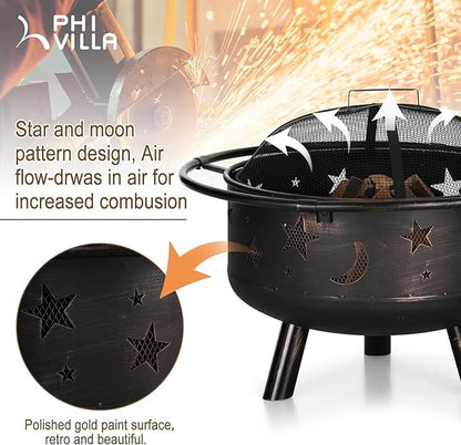PHI VILLA 30" Outdoor Wood Burning Firepit with Cooking Grate, Patio Deep Bowl Steel Fire Pits for Outside with Adjustable Swivel BBQ Grill Pan, Star & Moon Cutouts Pattern, Poker & Spark Screen