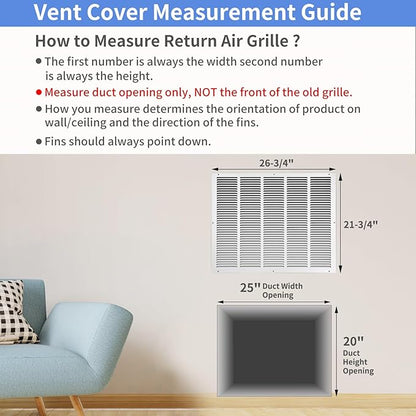 25"W x 20"H [Duct Opening Size] Steel Return Air Grille, Air Return Vent Cover for Ceiling and Sidewall - HVAC Air Vent Covers - [Outer Dimensions: 26.75"W x 21.75"H]