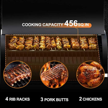 Electric Wood Pellet Smoker Grill 8 In 1 BBQ Grills for Outdoor Grill with Auto Feed & PID Temperature Control (180-450°F) and Rain Cover 456 Sq.In Cook Area for Backyard New House Gifts