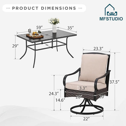 MFSTUDIO 7 Piece Outdoor Patio Dining Sets with Swivel Chairs, Metal Rectangular Table & 6 Swivel Chairs with Cushions, All Weather Patio Furniture Set for 6, Deck, Garden