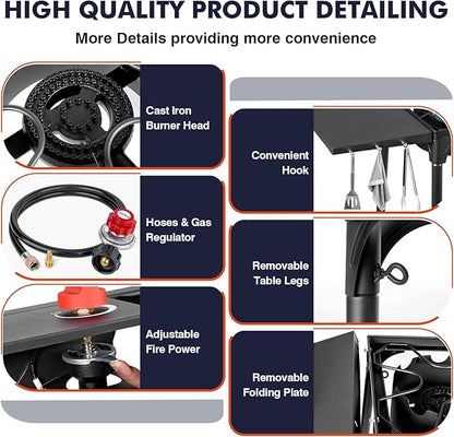 Llamaviva 2 Burner Propane Stove with Windpanel, Camping Stove with Side Shelves, 150000 BTU Propane Burners Removable Legs & Regulator Hose & Carrying Bag