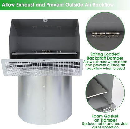 8 Inch Hooded Wall Vent with Screen and Damper, Wall Exhaust Vent Cover Cap for Exterior Ventilation and Outdoor Air Exhaust Kitchen Range Hood Dryer HVAC Duct, Galvanized Steel, Gray