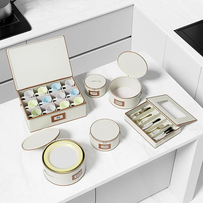 Aokeyee China Storage Containers- 6 Piece Set Hard Shell Moving Box for Dishes, Plate, Mugs, Cup, Silverware, Flatware, Saucers, Dinnerware, Sturdy Quilted Organizer with Soft Dividers, Handles, Ivory