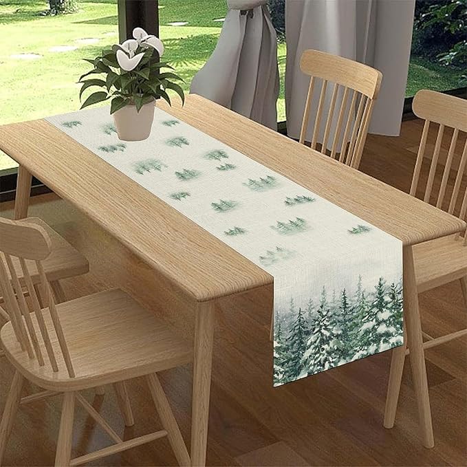 Forest Table Runner, Rustic Farmhouse Mountains Birds Pine Tree Woodland Jungle Cottage Country Coffee Table Center Decor for Home Kitchen Dining Patio Holiday Party Table Decorations, 13"x36" Inch