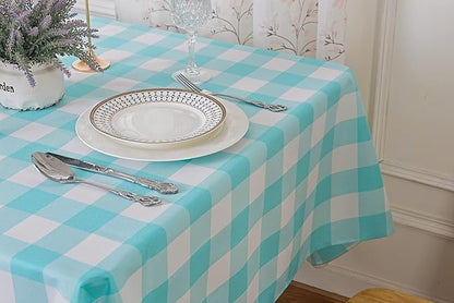 Cupuamon 2 Pack Waterproof Polyester Fabic Rectangle Checkered Tablecloth，60x84 Outdoor Table Cloth，Oil Stain Prevention Table Cloth for Pinics and Parties（Aqua and White）