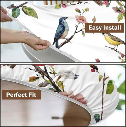 Spring Summer Round Fitted Tablecloth with Elastic Edge Bird Floral Easter Circle Table Cloth for 36-40" Round Tables Wipeable Waterproof Hummingbird Flower Table Cover for Outdoor Picnic Dining Decor