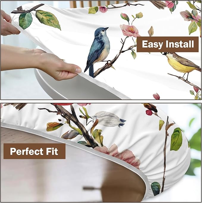 Spring Summer Round Fitted Tablecloth with Elastic Edge Bird Floral Easter Circle Table Cloth for 40-44" Round Tables Wipeable Waterproof Hummingbird Flower Table Cover for Outdoor Picnic Dining Decor