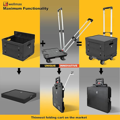 Wellmax WM99800BK Rolling Crate Cart with Wheels, Foldable Utility Cart for Teachers, Shopping, Office | Silent Wheels, Aluminum Handle, 132 lbs Capacity – Black