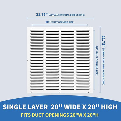 20x20 Return Air Grille (Duct Opening Size), Air Return Vent Cover, AC Vent Cover, Cold Air Return Vent Cover, Flat Return Air Grilles, Outer Dimensions:21.75"W x 21.75"H (20"W x 20"H, Duct Opening)