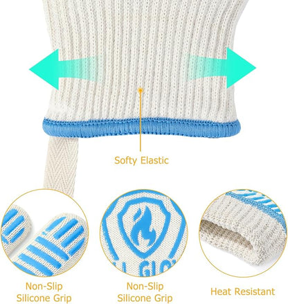 QUWIN BBQ Gloves, Oven Gloves 1472℉ Extreme Heat Resistant, Grilling Gloves Silicone Non-Slip Oven Mitts, Kitchen Gloves for BBQ, Grilling, Cooking, Baking-1 Pair… (Blue, One Size(Long Cuff))