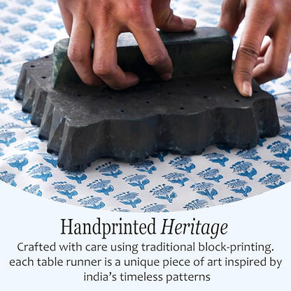 CPC Cotton Table Runner 16x90 Inch Block Printed Long Fall Table Runner for Dining Table, Card Table, Coffee Table, Wedding, Farmhouse & Outdoor Barbeque-Apatite Blue
