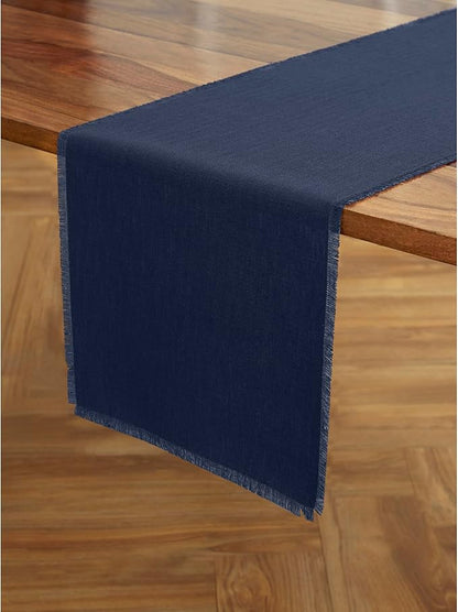 Solino Home Linen Navy Blue Table Runner 120 Inches Long - Fringe, 100% Pure Linen 14 x 120 Inch Table Runner for Winter