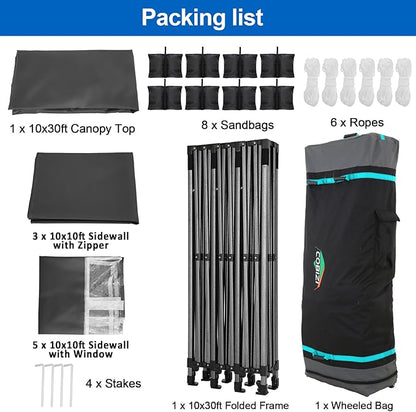 COBIZI 10x30 Pop up Canopy Tent 10x30 Canopy with 8 Sidewalls Waterproof Heavy Duty Commercial Tent for Parties Outdoor Garden Gazebo, Carry Bag with Wheel(10x30ft, Black)