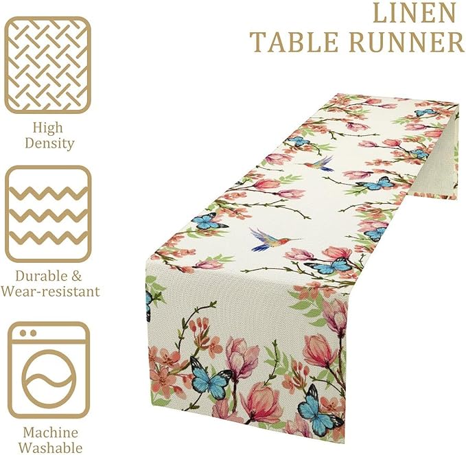 Spring Flower Table Runner, Seasonal Rustic Garden Flowers Bird Butterfly Print Table Runner for Home Kitchen Table Decor, 13x108inch