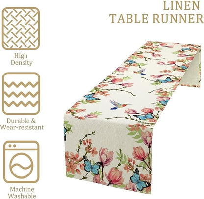 Spring Flower Table Runner, Seasonal Rustic Garden Flowers Bird Butterfly Print Table Runner for Home Kitchen Table Decor, 13x70inch