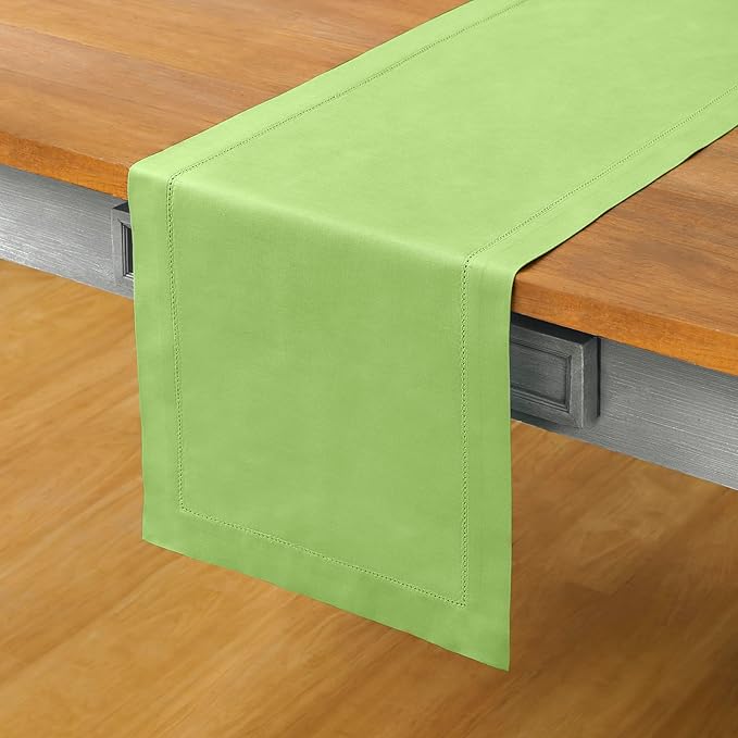 Solino Home Cotton Linen Table Runner 120 Inches Long - Hemstitch Apple Green Dining Table Runner 14 x 120 Inch for Spring, St Patricks Day, Easter