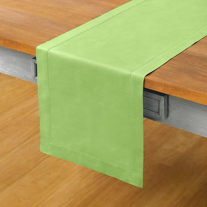 Solino Home Cotton Linen Table Runner 120 Inches Long - Hemstitch Apple Green Dining Table Runner 14 x 120 Inch for Spring, St Patricks Day, Easter