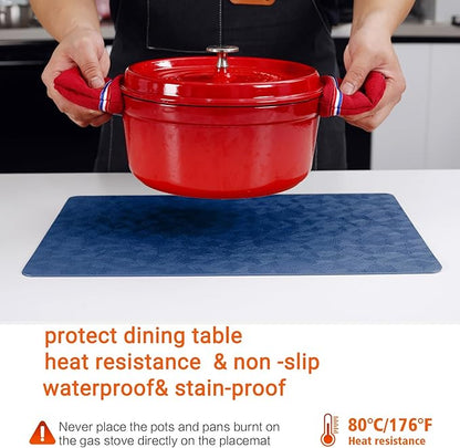 Vinyl Placemats Set of 6 Heat Resistant Easy Clean Non-Slip Place Mats for Dining Table. Faux Leather Waterproof Stain Resistant Wipeable Washable PU Table Mats(6, Blue)