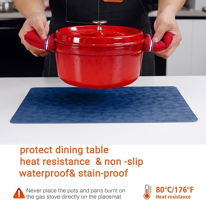 Vinyl Placemats Set of 4 Heat Resistant Easy Clean Non-Slip Place Mats for Dining Table. Faux Leather Waterproof Stain Resistant Wipeable Washable PU Table Mats(4, Blue)
