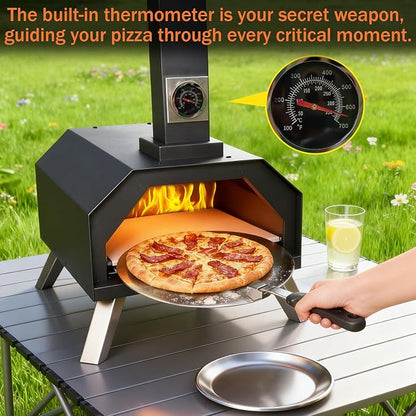 Christmas Gifts Pizza Oven Outdoor 12" Portable Pellet Pizza Stove Wood Fired Stainless Steel Pizza Maker for Backyard or Outside Camping With a Thermometer,a Carry Bag and a Cutter