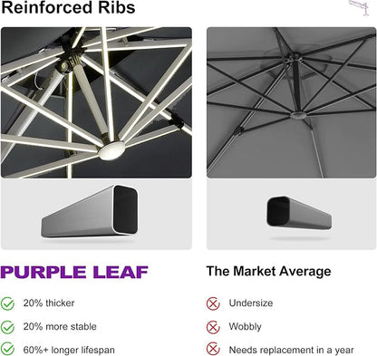 PURPLE LEAF Cantilever Umbrella 10' X 13' Double Top Solar LED Light, Stays - Image 5