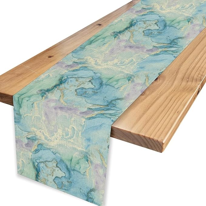 Summer Beach Table Runner, Blue Sea Coastal Nautical Marble Wave Ocean Table Runner Seasonal Holiday Home Kitchen Dining Table for Home Party Decor 13"x36"
