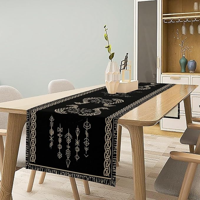 Viking Table Runner, Raven Ancient Rune Dragon Totem Norse Mystical Geometric Table Runner for Kitchen Dining Party Holiday Banquet 13x120in