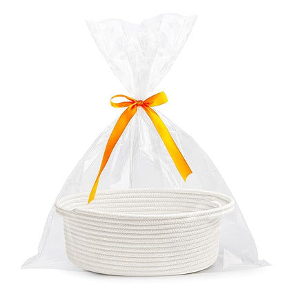 Pro Goleem Small Woven Burr Basket with Gift Bags and Ribbons Durable Baskets for Gifts Empty Small Rope Basket for Storage 12"X 8" X 5" Baby Toy Baskets with Handles, White