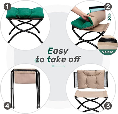 HollyHOME 15"(H) Folding Footrest Stool, Upholstered Small Foldable Ottoman, Accent Padded Sofa Foot Stool for Lazy Chair, Metal Frame Portable Foot Rest Ottoman for Home, Living Room, Bedroom, Green