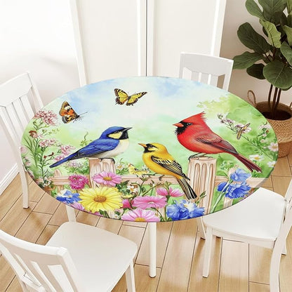 Spring Birds Floral Round Fitted Tablecloth with Elastic Colorful Flower Butterfly Circle Table Cloth for 36-40" Round Tables Wipeable Waterproof Farmhouse Easter Table Cover for Outdoor Picnic Dining