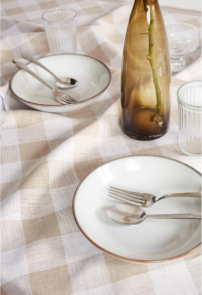Solino Home Linen Checkered Table Runner 144 Inches Long - 100% Pure Linen Buffalo Check Natural and White Table Runner 14 x 144 Inch Ideal for Dining, Spring, Easter, Winter