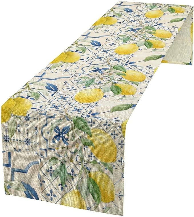 Vintage Lemon Table Runner, Watercolor Yellow Lemons Blue Tiles Spring Summer Seasonal Kitchen Dining Table Decoration for Indoor Outdoor Party, 13x90inch
