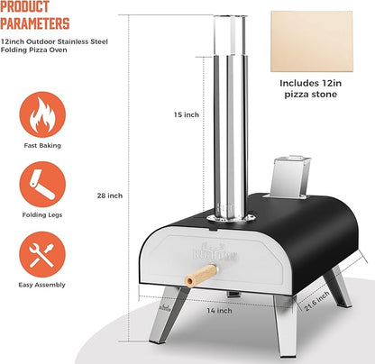 BIG HORN OUTDOORS 12" Woodfire Pizza Stone Oven, 887°F Outdoor Stainless Pizza Cooker, Portable for Party Usage, Black
