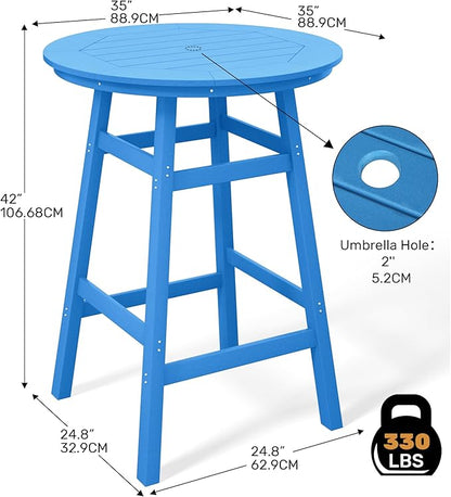 Costaelm Patio Bistro Table, 42" Counter Height Round Patio Cocktail Bar Table with Umbrella Hole, Outdoor Bistro Dining Pub Table for Front Porch Deck Backyard Garden, Pacific Blue