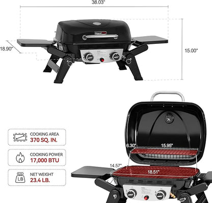 Royal Gourmet GT2005 2 Burner Portable Propane Gas Grill with Foldable Side Tables & Foldable Support Legs, Tabletop Gas Grill with Warming Rack for Outdoor Cooking & Grilling, Black